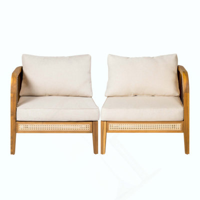 Fauteuils d'extérieur durables en bois d'acacia et en canne de plastique avec coussins épais pour une assise confortable, idéal pour les balcons et les jardins