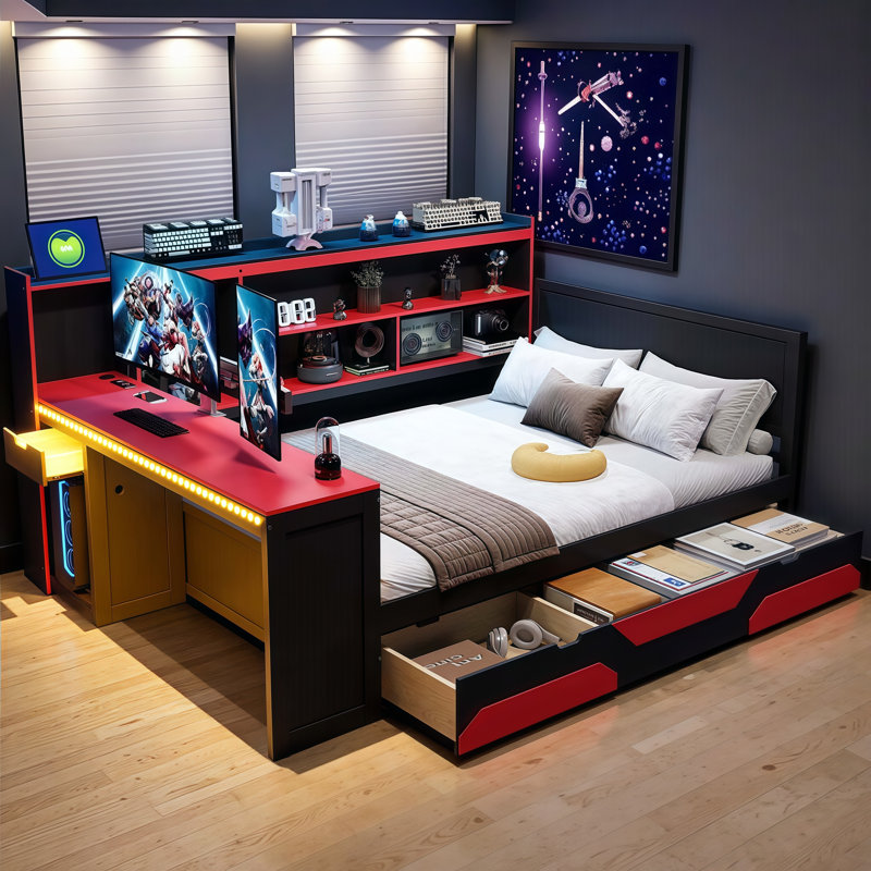 VARELON Queen Gaming Daybed with Built-in Desk, LED Lights, Charging Station & 3 Storage Drawers - Multi-Functional Design