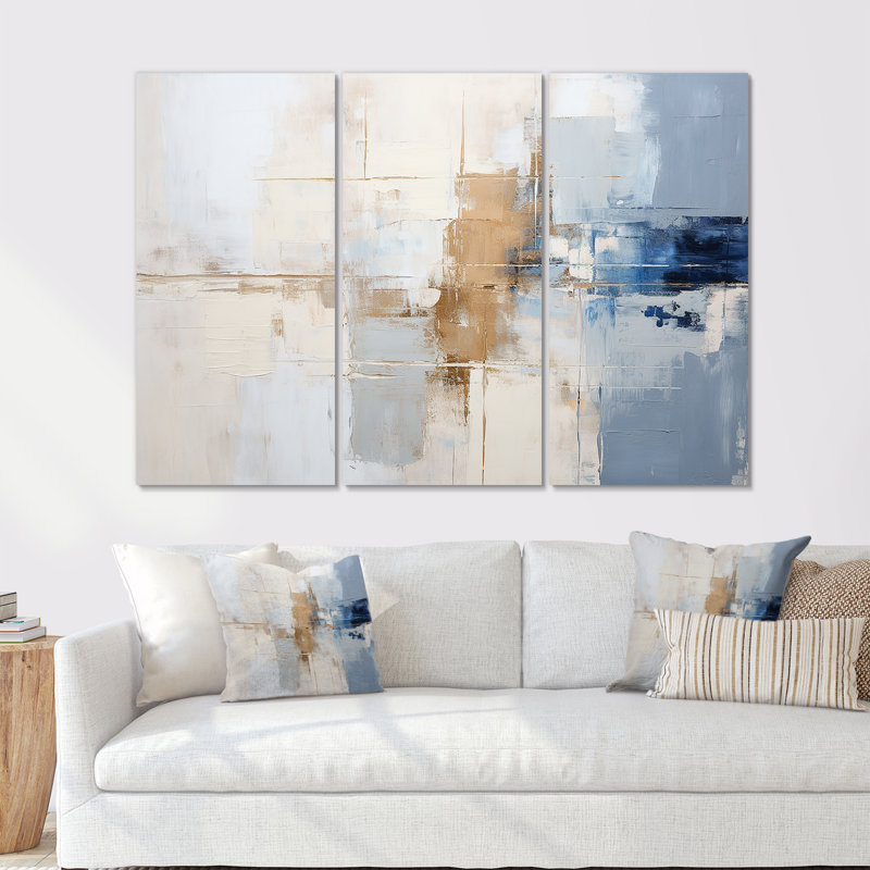 Peinture blanche et bleue Fusion - ensemble de salon abstrait art mural, H 40 po x l 60 po x P 1 po, Toile tendue