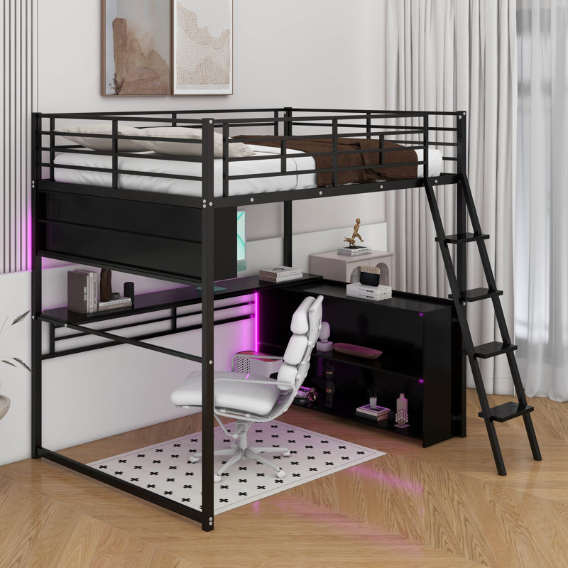 Lit mezzanine en métal avec DEL, bureau et tablettes de rangement, Simple