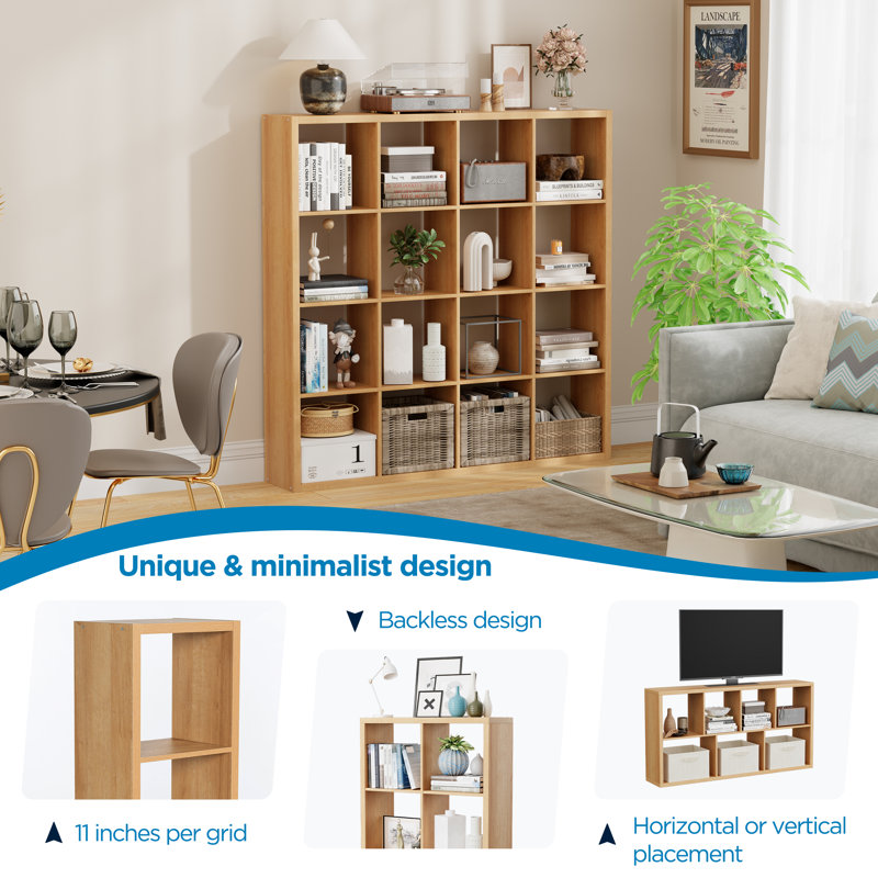 Modern Engineered Wood 16-Grid Bookcases, Natural Color Mesh Combination Storage Rack, Multifunctional Open Bookshelf Organizer, Ideal for Living Room, Bedroom & Home Office Home Decoration