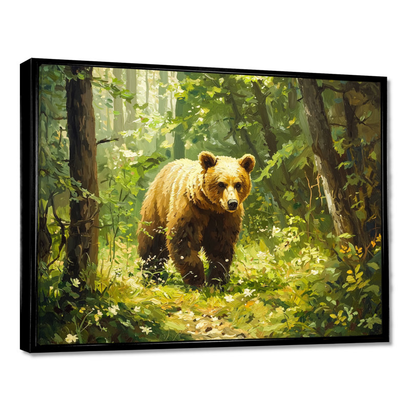 Ours dans la forêt du printemps I - art mural ours, H 12 po x l 20 po, Cadre flottant, Noir