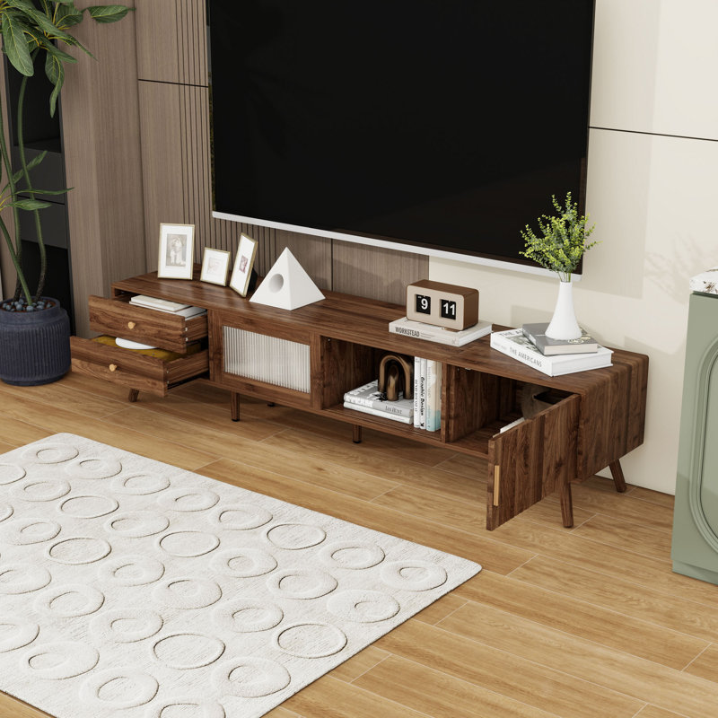 Meuble télé en bois avec tiroirs de rangement, armoires et porte