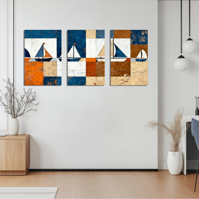 Tableau abstrait géométrique nautique à voile sur toile tendue (lot de 3)