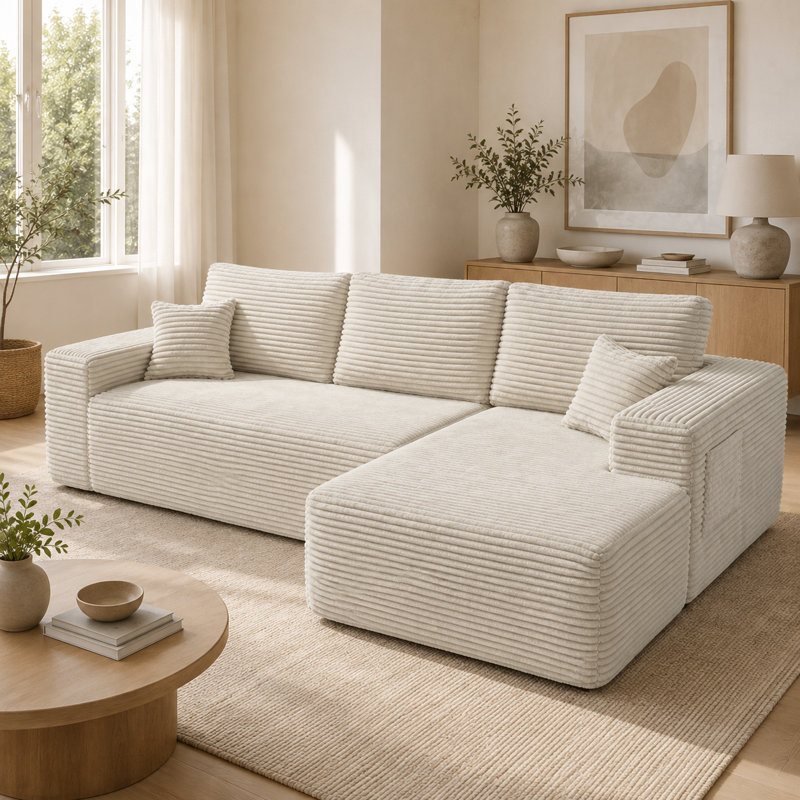 Canapé d'angle modulaire en forme de L Cloud noir de 267 cm (105 po) avec méridienne et poches latérales, revêtement en tissu pelucheux, assise profonde, aucun assemblage requis, pour le salon et la chambre.