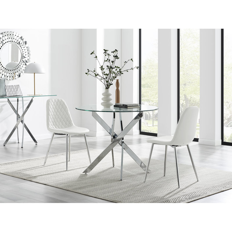 Tierra Modern Chrome Metal & Glass Round Dining Table Set with 2 Luxury Faux Leather Chairs, White/Silver