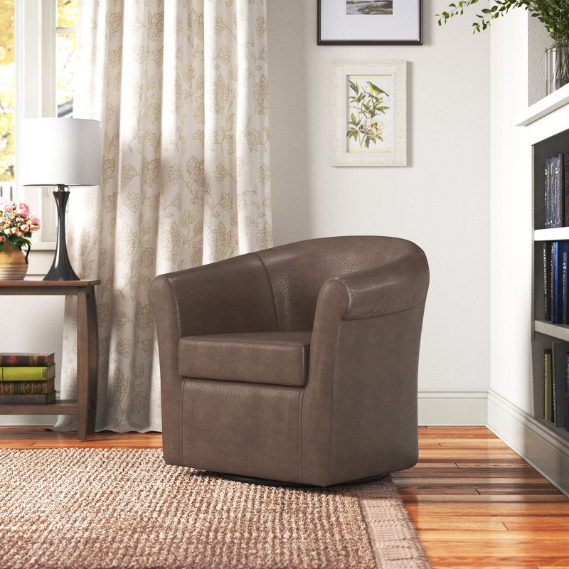 Hahne Faux Leather Swivel Barrel Chair, Brown Faux Leather