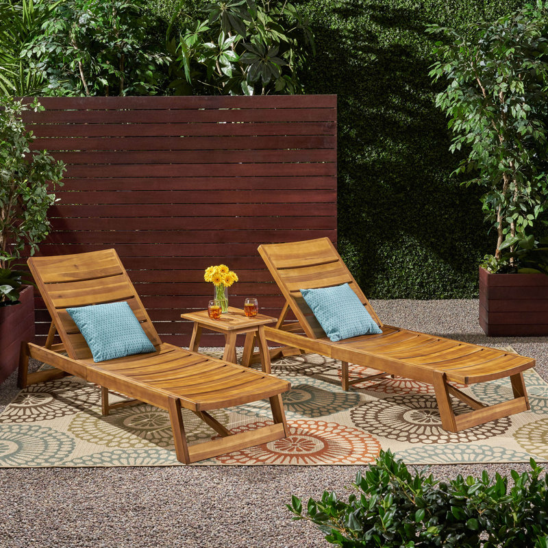 Encinal Outdoor Acacia Wood Chaise Lounge Set with Table, Teak