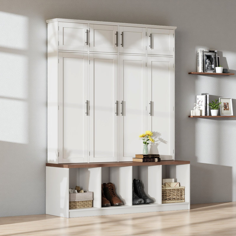 Farmhouse Hall Tree With 4 Hidden Hanging Hooks, Versatile Walnut Seating Bench With 8 Doors, Entryway Shoe Cabinet With Open Compartment For Living Room