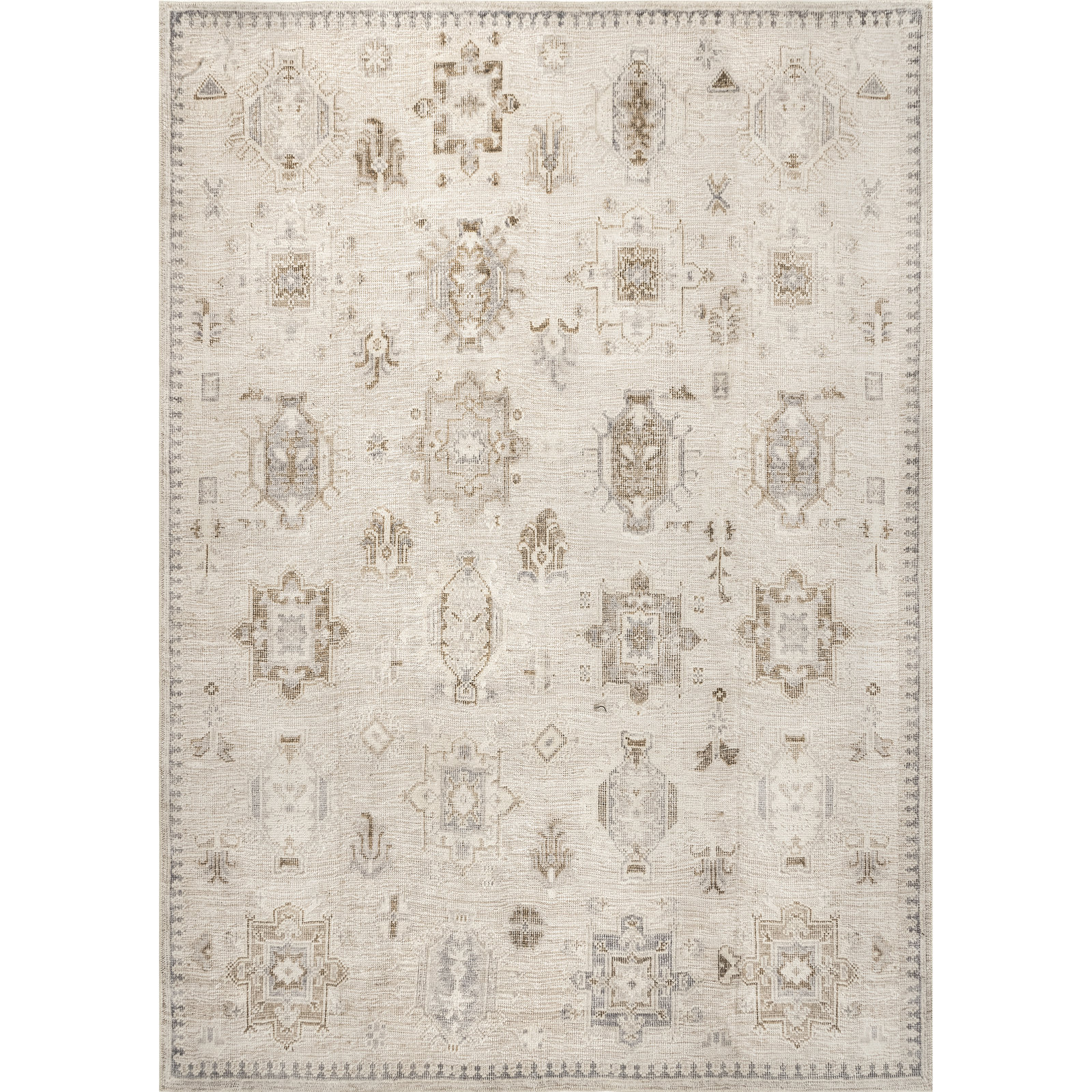 Beige Ivory Machine Washable Oriental Rug, Square 8'