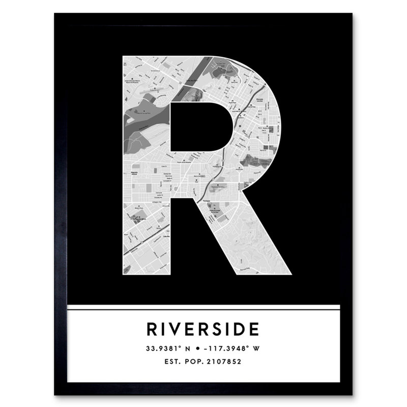 Riverside City Map Riverside Black & White by Wee Blue Coo - Single Picture Frame Typography