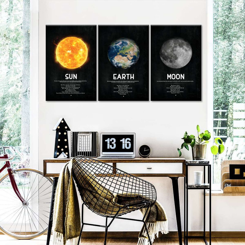 «Sun Earth Moon Facts», ensemble de 3 reproductions sur toiles, H 45 po x l 92 po x P 1,25 po