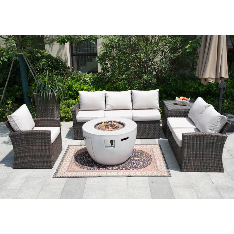 - Person Patio Conversation Set with Cushions, White, Brown