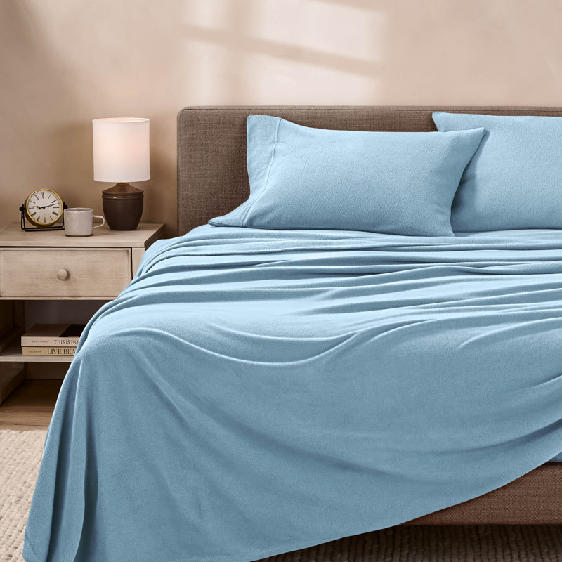 Premium Ultra Soft Polar Fleece Sheet Set, Light Blue, Queen With 2 Pillowcase