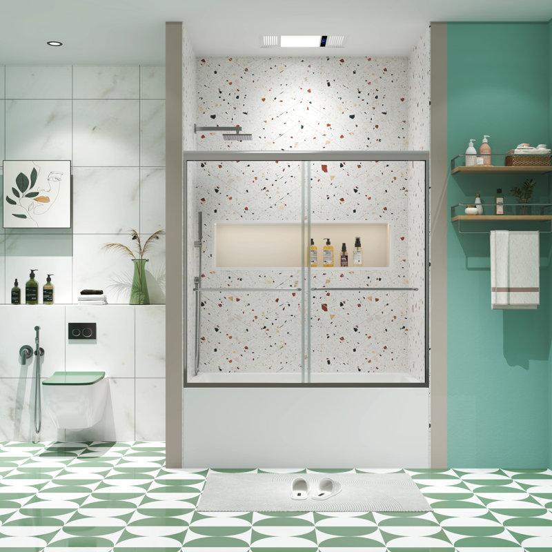 Porte de douche de baignoire à dérivation - 56 à 60 po x 58 po en verre trempé de 1/4 po, finition, fonction de fuite, glissement en douceur, finition facile à installer
