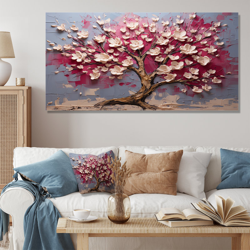 Orchidée rose et or jardin de branches V - art mural arbre, Toile tendue, H 28 po x l 60 po x P 1,5 po