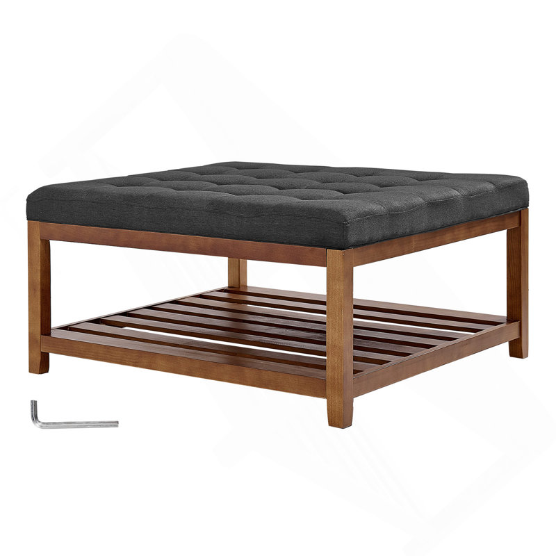 Premium Tufted Linen Square Ottoman Coffee Table with Under-Seat Storage