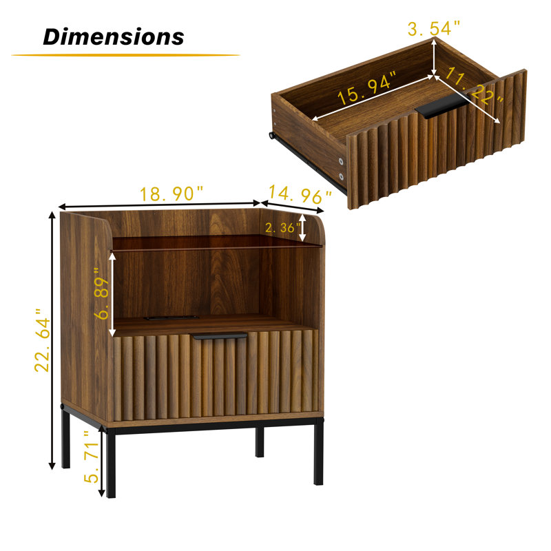 Table de chevet moderne avec station de charge et plateau en verre Arlen - Table de chevet 1 tiroir, 2 pièces, Noir / brun