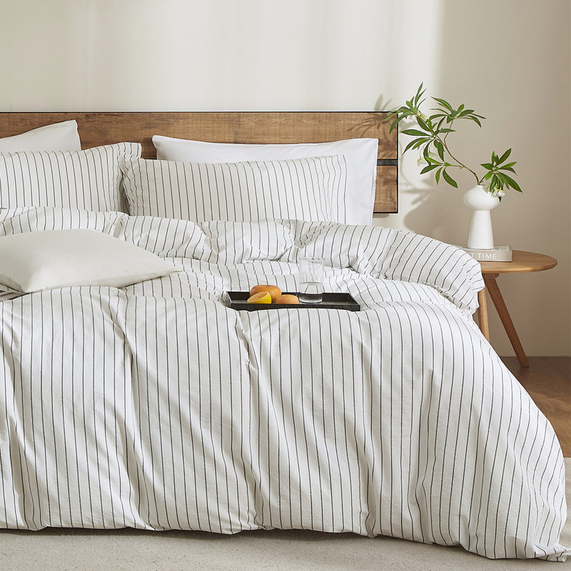 XINMIANFANG Striped Duvet Cover Set 100% Washed Cotton Comforter Cover for All Seasons Linen Feel Bedding Set, White/Black