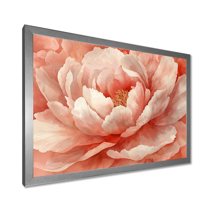 Pivoine rose rougissante - pivoines, art mural, H 34 po x l 44 po, Cadre simple argenté
