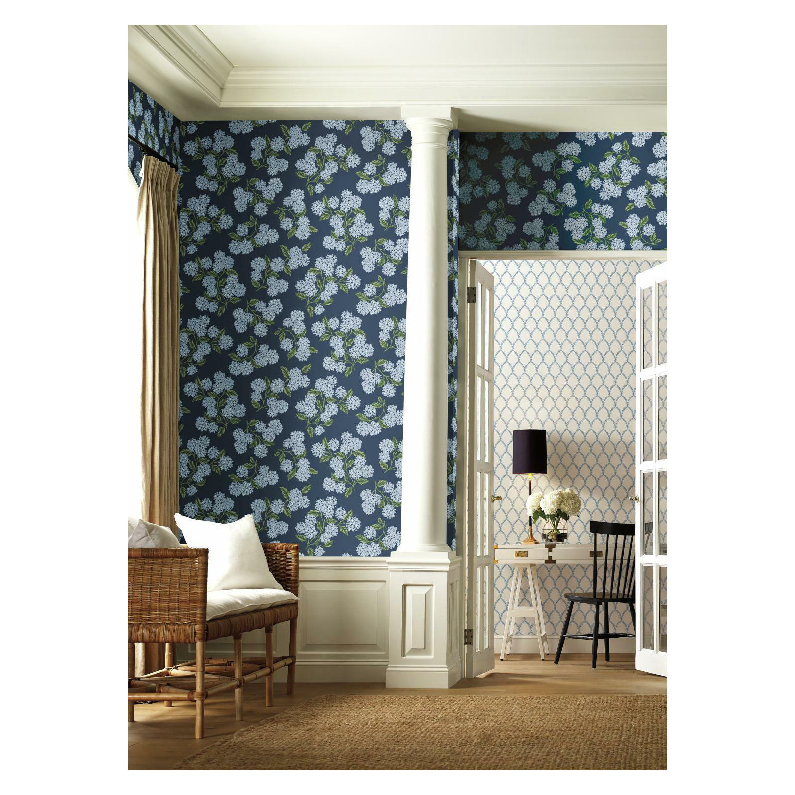 Hydrangea 27' x 27" Wallpaper, Navy/White