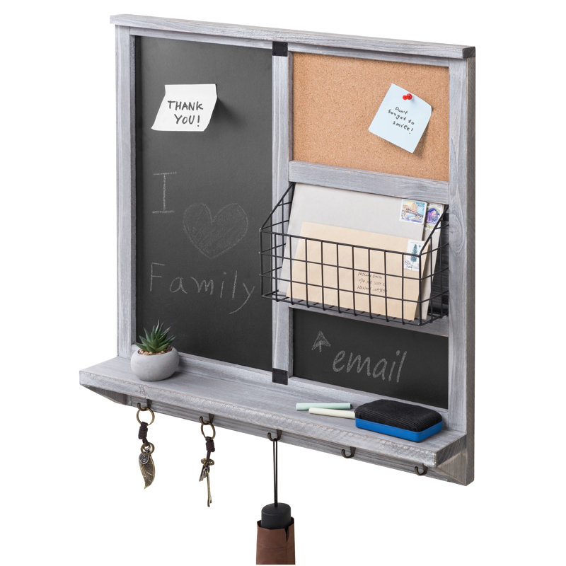  Wall Key Wood Hooks Floating Shelf Organiser with Key Hooks, Wall Baskets and Corkboard