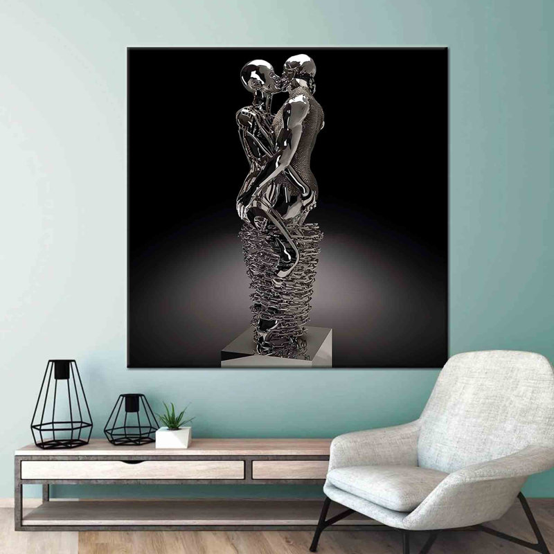 Metallic Kissing Couple Modern Abstract Wall Art on Canvas - 3D Love Inspired Home Decor for Contemporary Living Spaces