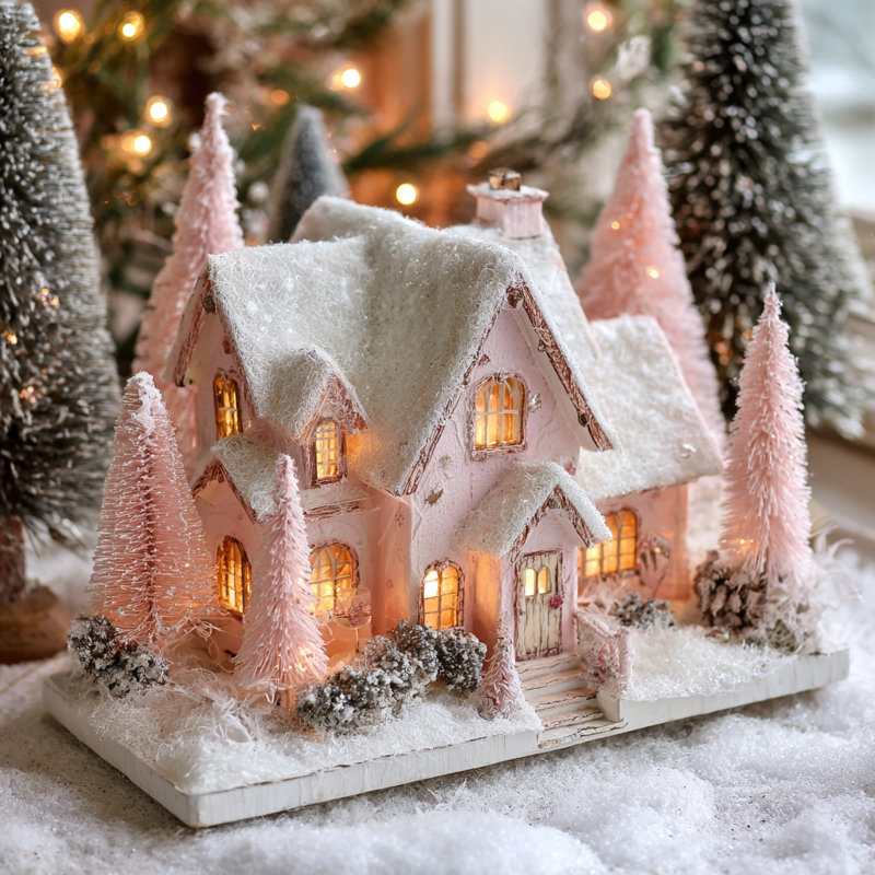 «Pink Winter Cottage IV», art mural sur toile tendue, H 12 po x l 12 po
