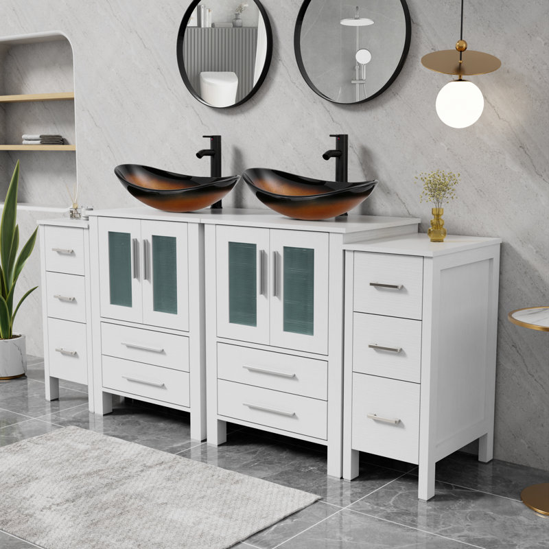 Ensemble de meuble-lavabo à double cuve avec lavabo vasque, comptoir en bois manufacturé, robinet et drain Sharee, Brun