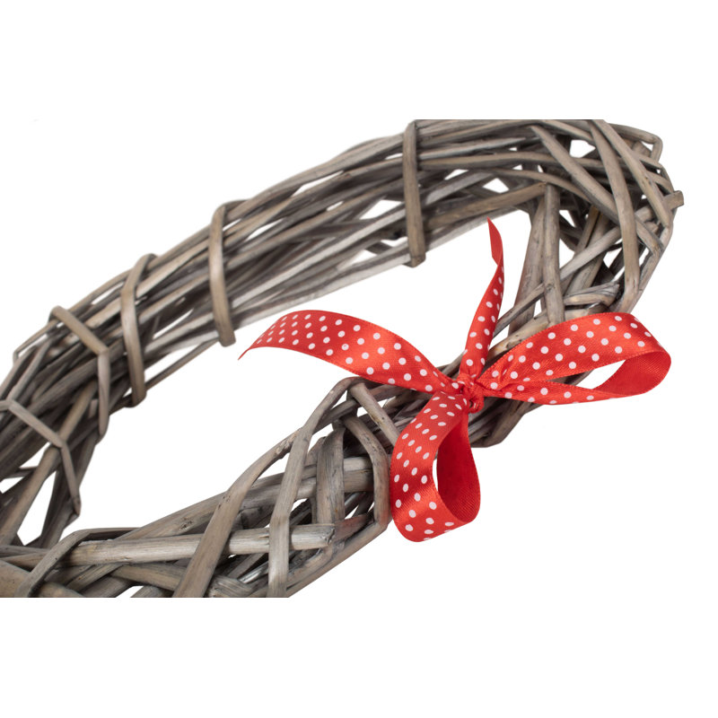 Wicker Heart Shaped Wreath with Spotty Ribbon, 24cm H x 24cm W x 4cm D
