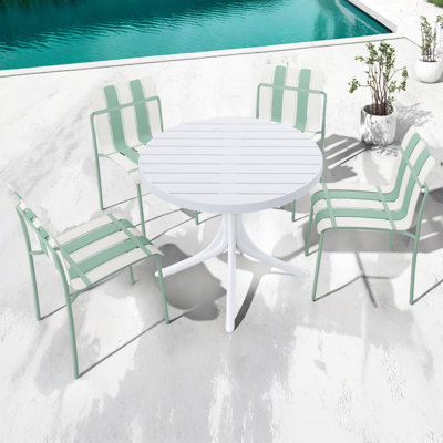 5-Piece Modern Outdoor Dining Set with 4 Stackable Striped Chairs and 36'' Round Table