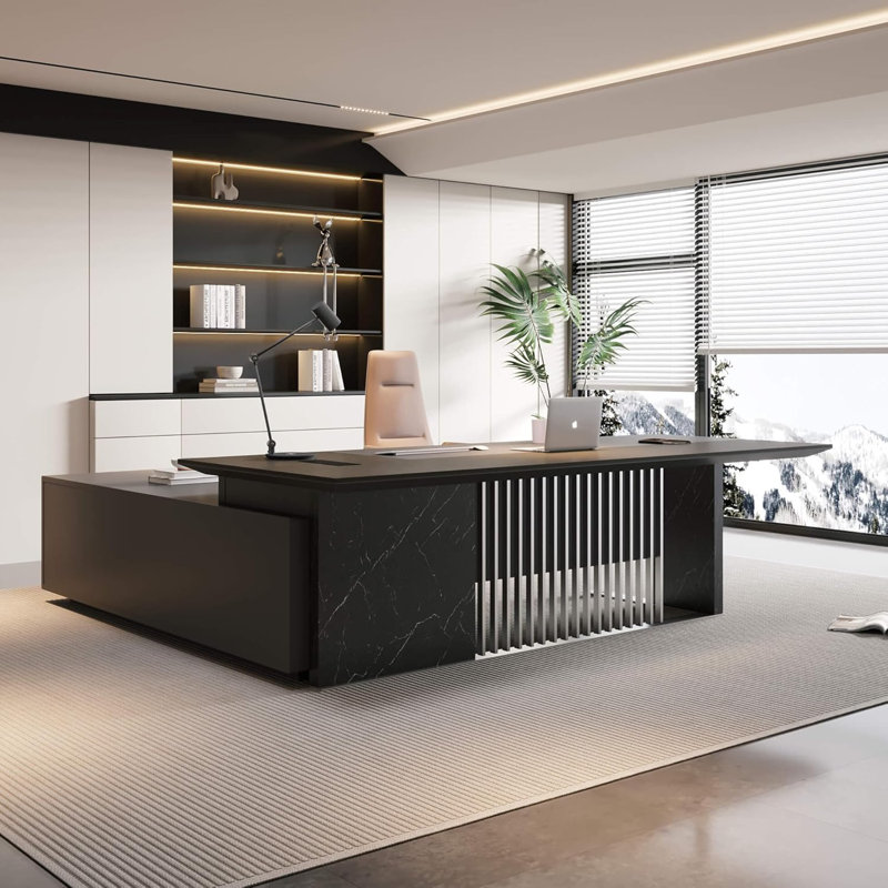 Grand bureau de direction en forme de L 86,6 pouces, bureau d'ordinateur avec ports de charge universels et gestion des câbles pour poste de travail pour bureau personnel