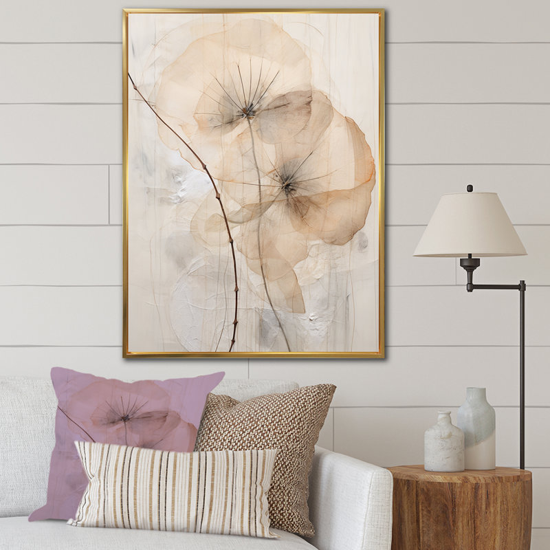 Luxueuse fleur du matin beige gloire II, Cadre flottant doré, H 32 po x l 16 po x P 1 po