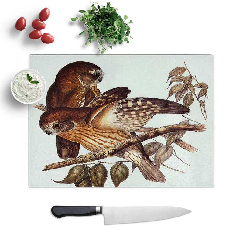 Tempered Glass Boobook Owls Chopping Board, 39 cm W x 28.5 cm L