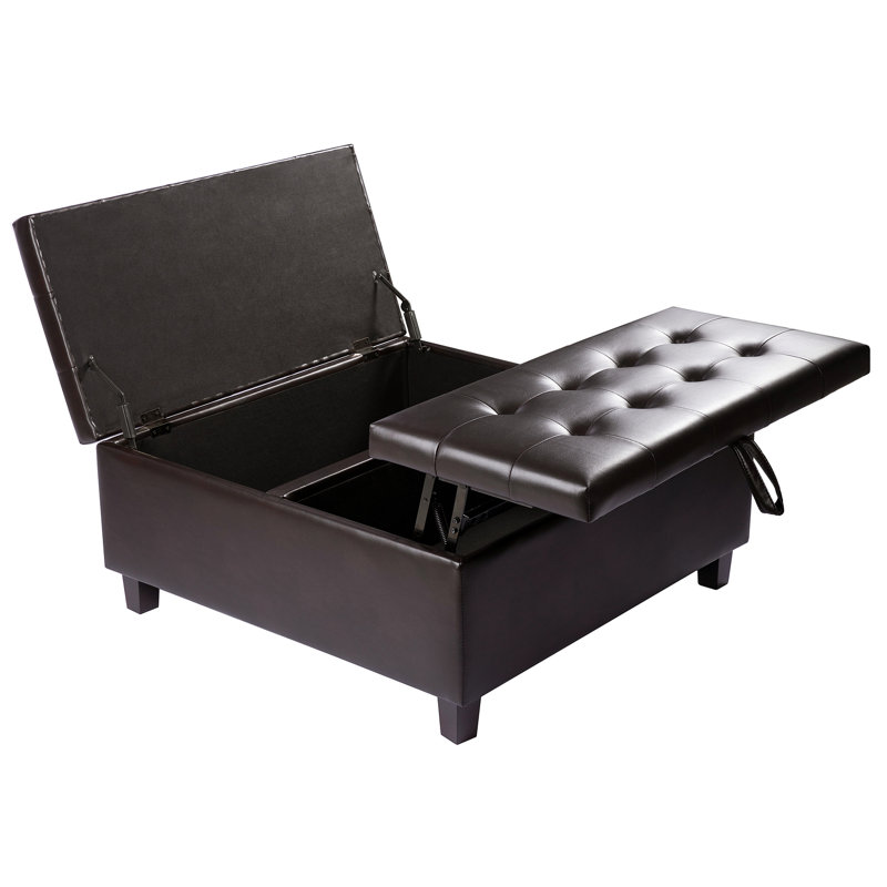 Ciara 35.43" Wide Button Tufted Square Storage Ottoman Upholstered Lift Top Large Ottoman Coffee Table, Espresso Faux Leather
