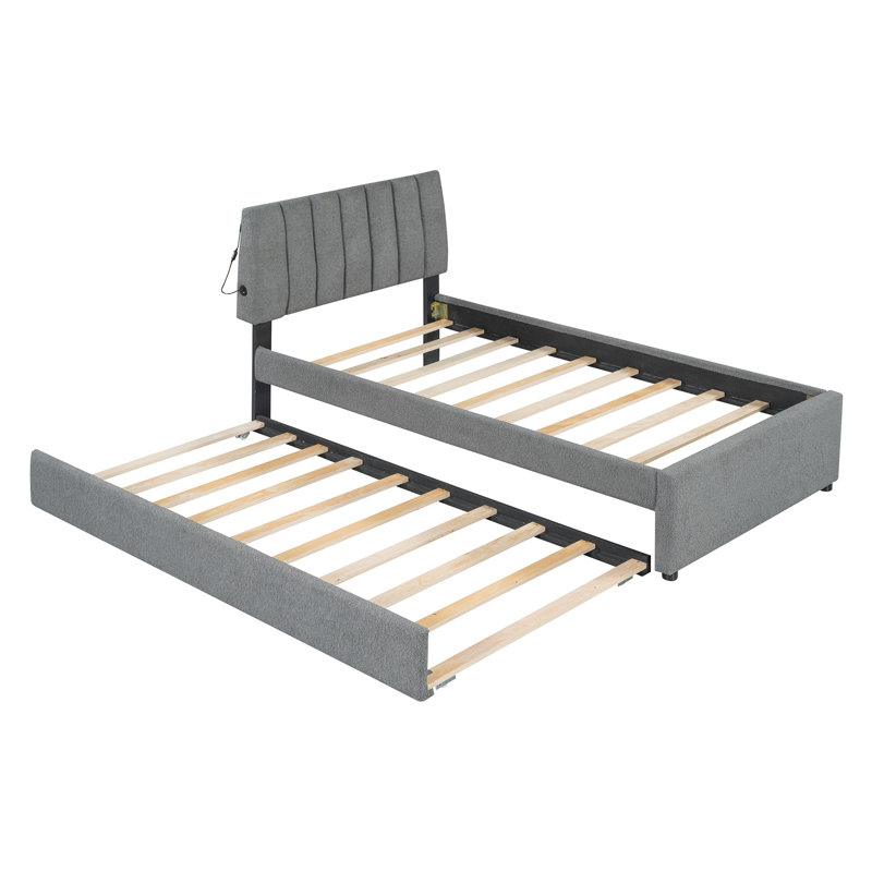 Lit plateforme tapissier simple avec lit gigogne Teddy, Gris