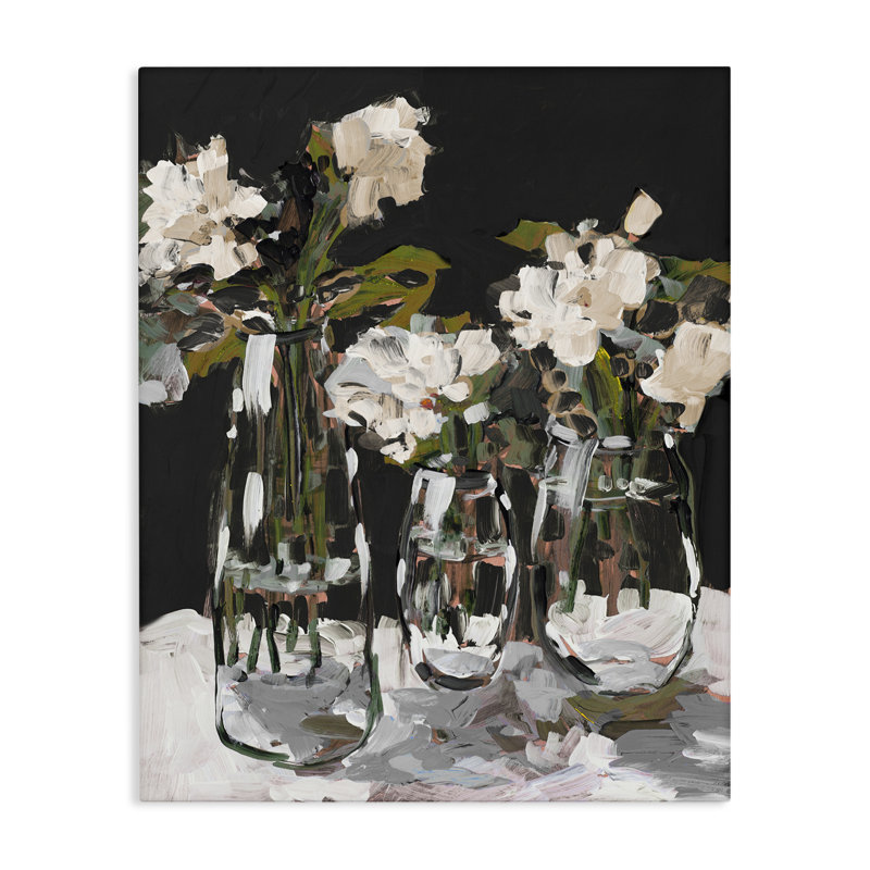 Trois vases de fleurs sur toile noire, design par Jane Slivka, H 20 po x l 16 po