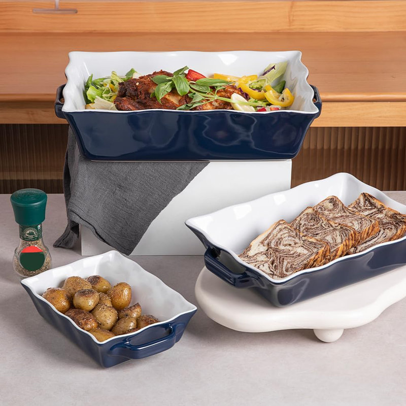 Ensemble de 3 plats de cuisson en céramique, plat de cuisson rectangulaire avec poignées, moule à Lasagne Wave Edge profond