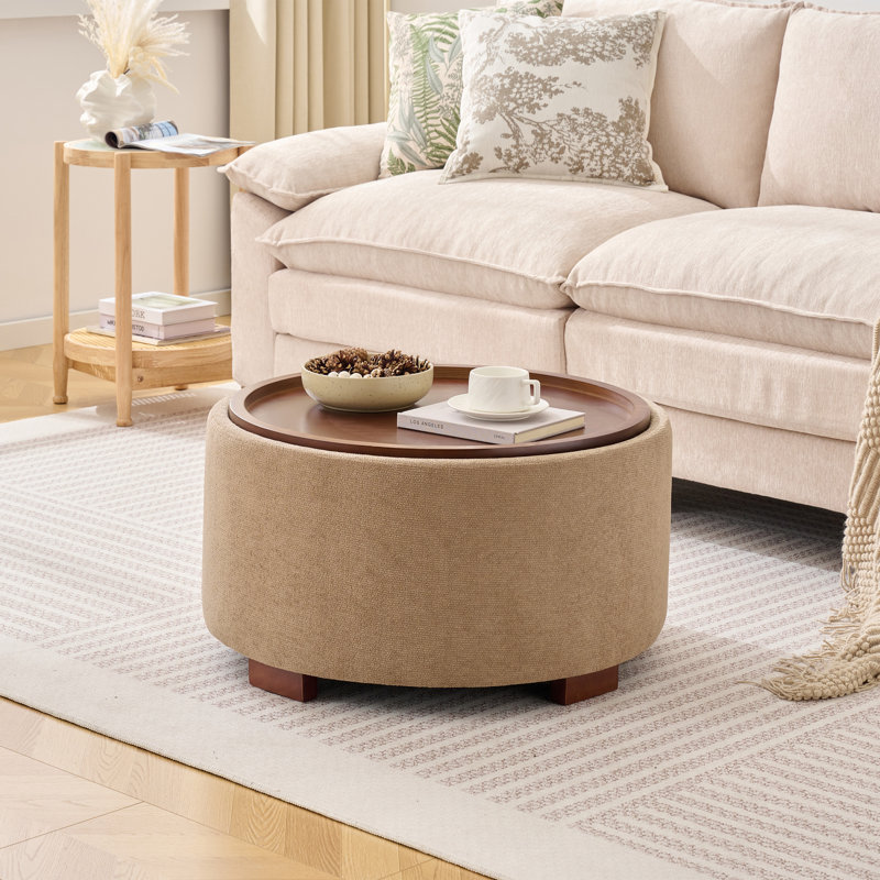29" Round Storage Ottoman With Tray, Upholstered Coffee Table For Living Room Bedroom, Tan