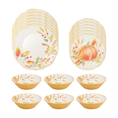 Harvest Pumpkin 18 Piece Melamine Dinnerware Set Plate and Bowl Set - Service for 6