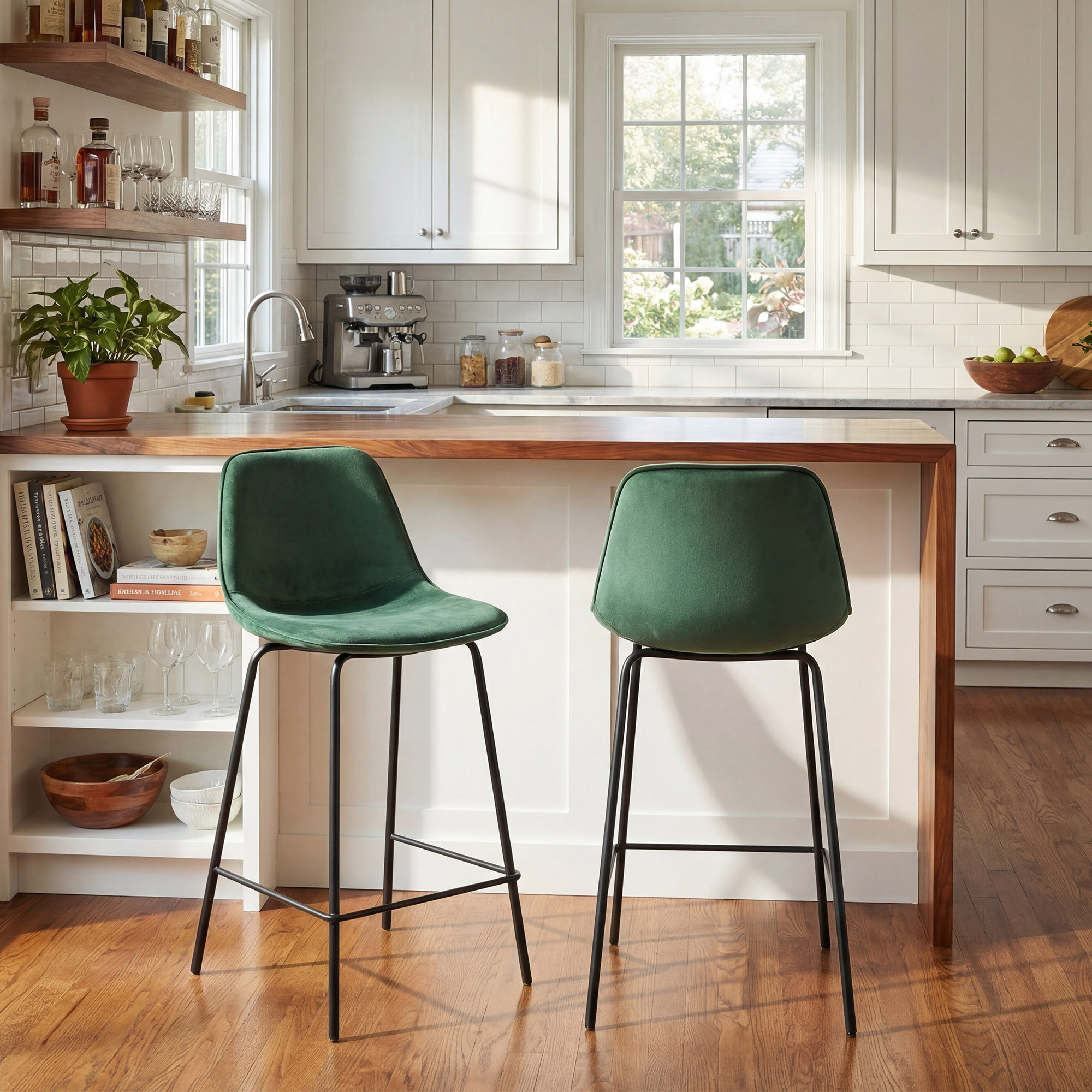 Kavi Upholstered Barstools, Emerald Velvet, Counter Stool (24" Seat Height)