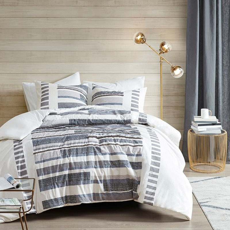 Housse de couette 3 pièces en coton double / grand - imprimé taupe bleu marine, 100% revers blanc, franges et chenille, bouton caché, 4 coins à cravate, lavable à la machine sans stress