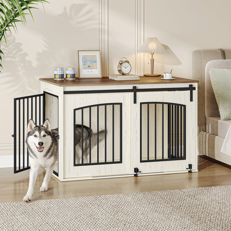 Dog Crate Furniture, 100cm 3-Door Dog Crate, Wooden Dog Crate, End Side Table Indoor Dogs Kennel for Medium-to-Large Dogs Sliding Barn, 100L x 60W x 63H cm