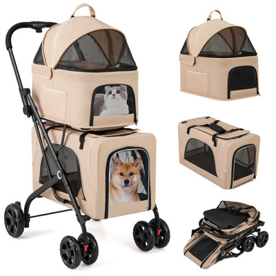 Poussette double pour 2 chiens ou chats avec 2 ceintures de sécurité amovibles bleu