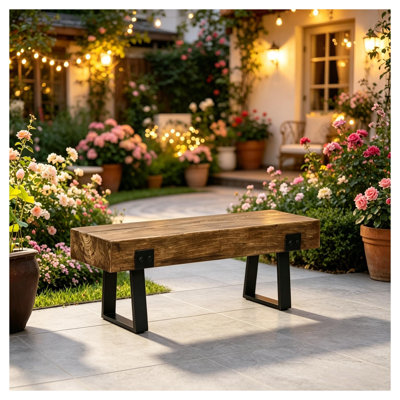 Banc de jardin extérieur en béton et métal avec effet grain de bois noir et naturel