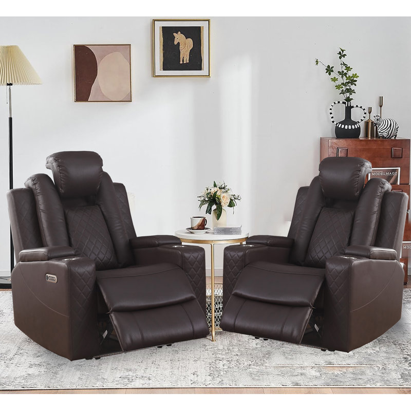 Tiertza Power Leather Recliner W/ Cup Holder, LED Lights, USB Port, Brown
