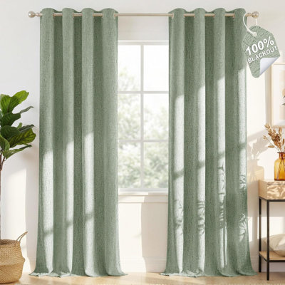 100% Blackout Linen Sage Green Curtains 96 inches Long, White Liner Composite Grommet Thermal Drapes Home Decor Window Treatments for Bedroom/Living Room, W52 x L96, 2 Panels