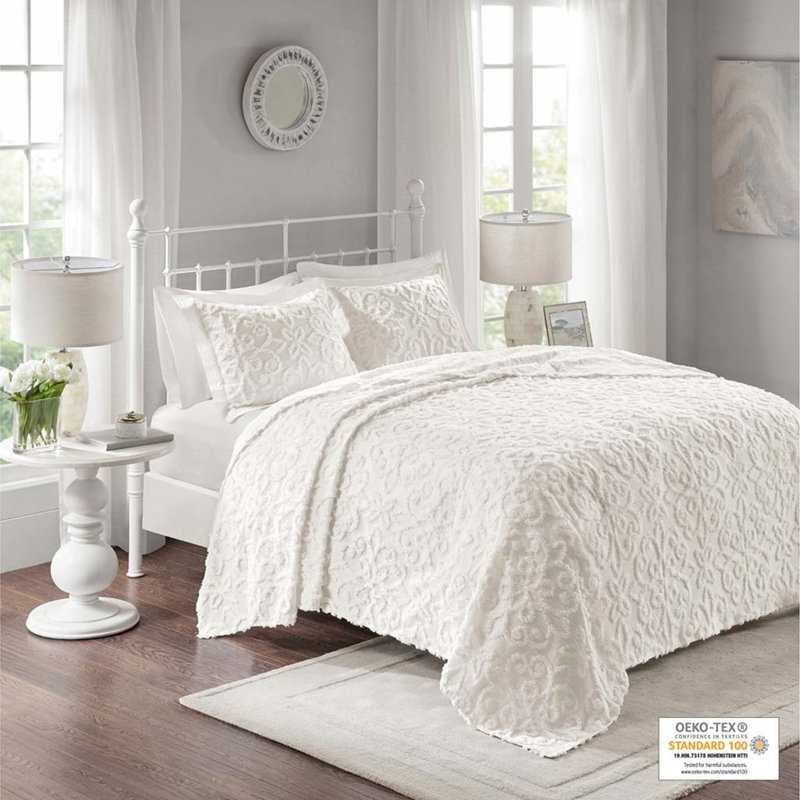 Ensemble de couvre-lit élégant en chenille de coton - 3 pièces, blanc cassé, double / grand