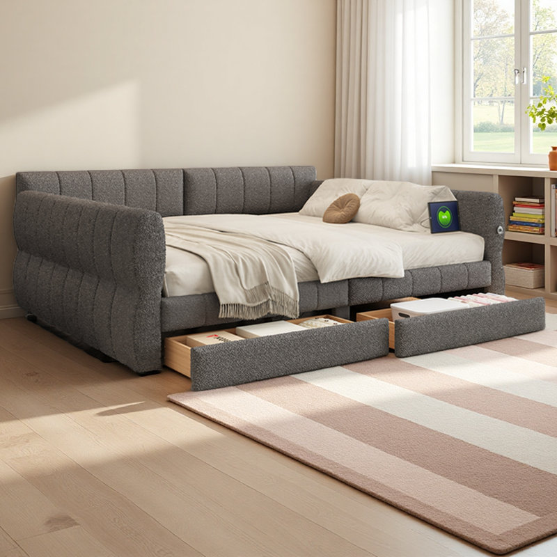 Queen Size Upholstered Platform Bed With USB And 2 Drawers, Gray