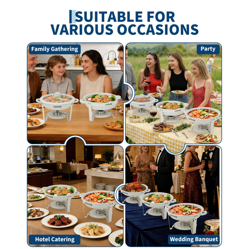 4-Pack Maifanite-Coated Round Chafing Dish Buffet Set – 5.3QT Nonstick & Mark-Resistant Food Warmers with Glass Lids, Stackable Stainless Steel Alternative – For Catering, Parties, Weddings